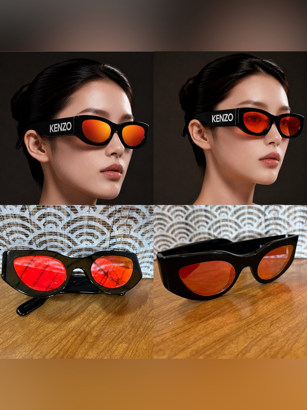 KENZO Black Cat-Eye Sunglasses with Orange-Red Mirrored Lenses